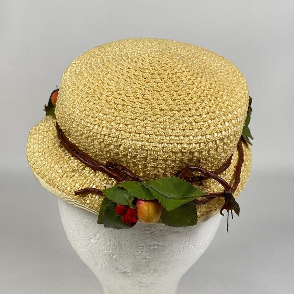 Vintage Ladies Straw Boater Hat Millinery Faux Fruit Greenery Band Cottagecore main image 5